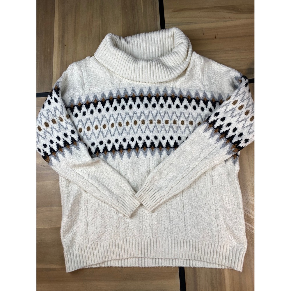 Tahari Womens Ivory Fair Isle Turtleneck Cable Knit Sweater Small RN 75343
